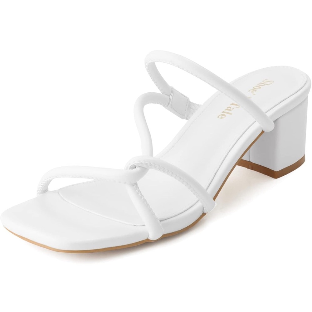 Shoe'N Tale Strappy Heels Low Block Heeled Sandals Square Toe SlipOn Slide Shoes
